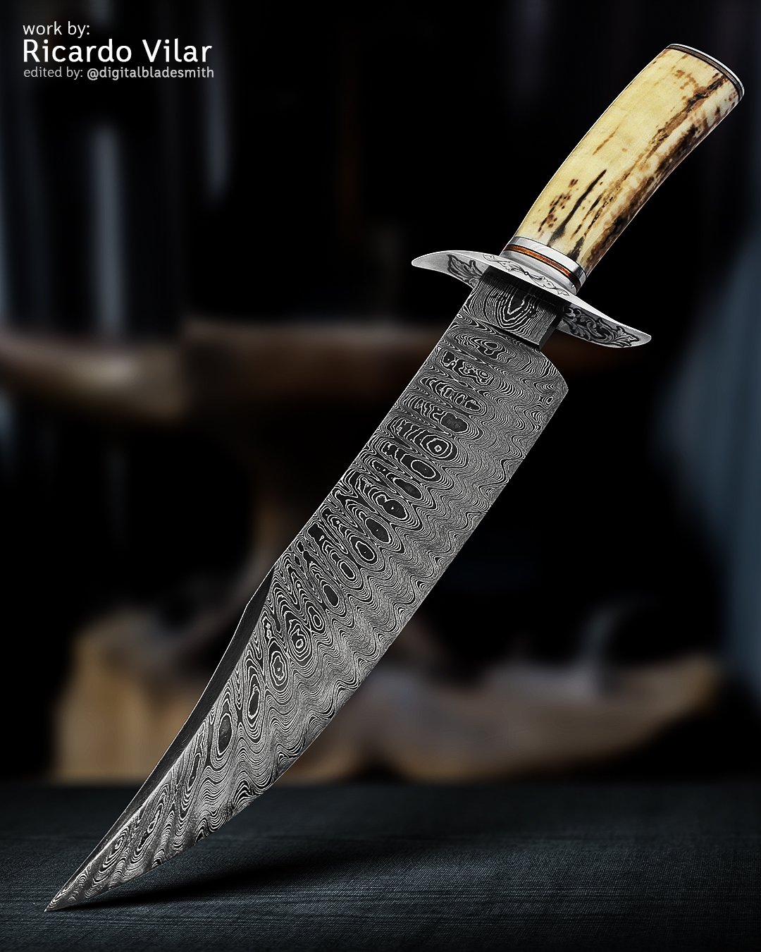 Damascus Knife Engraved Guard and Pommel